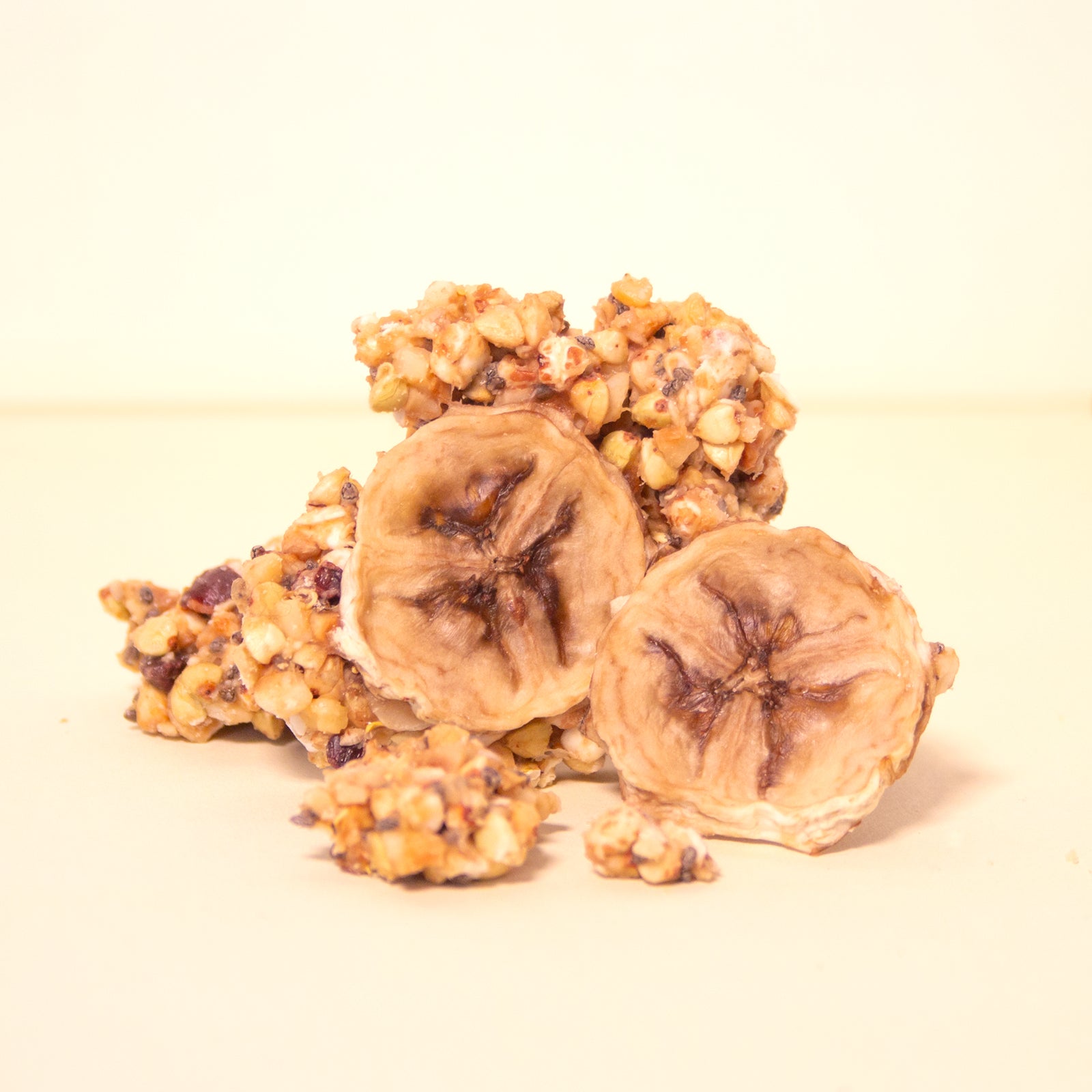 Foto eines Upgreat Bananennussgranola Stückes mit gekeimten Buchweizen und luftgetrockneten Bananenscheiben