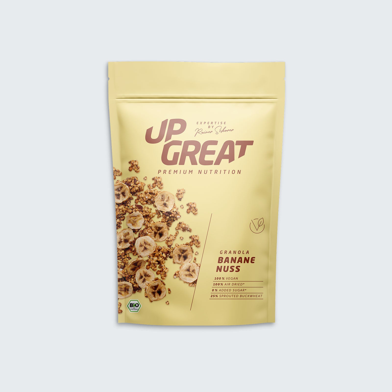 Upgreat glutenfreies Bio-Banane-Nuss Granola mit gekeimten Buchweizen