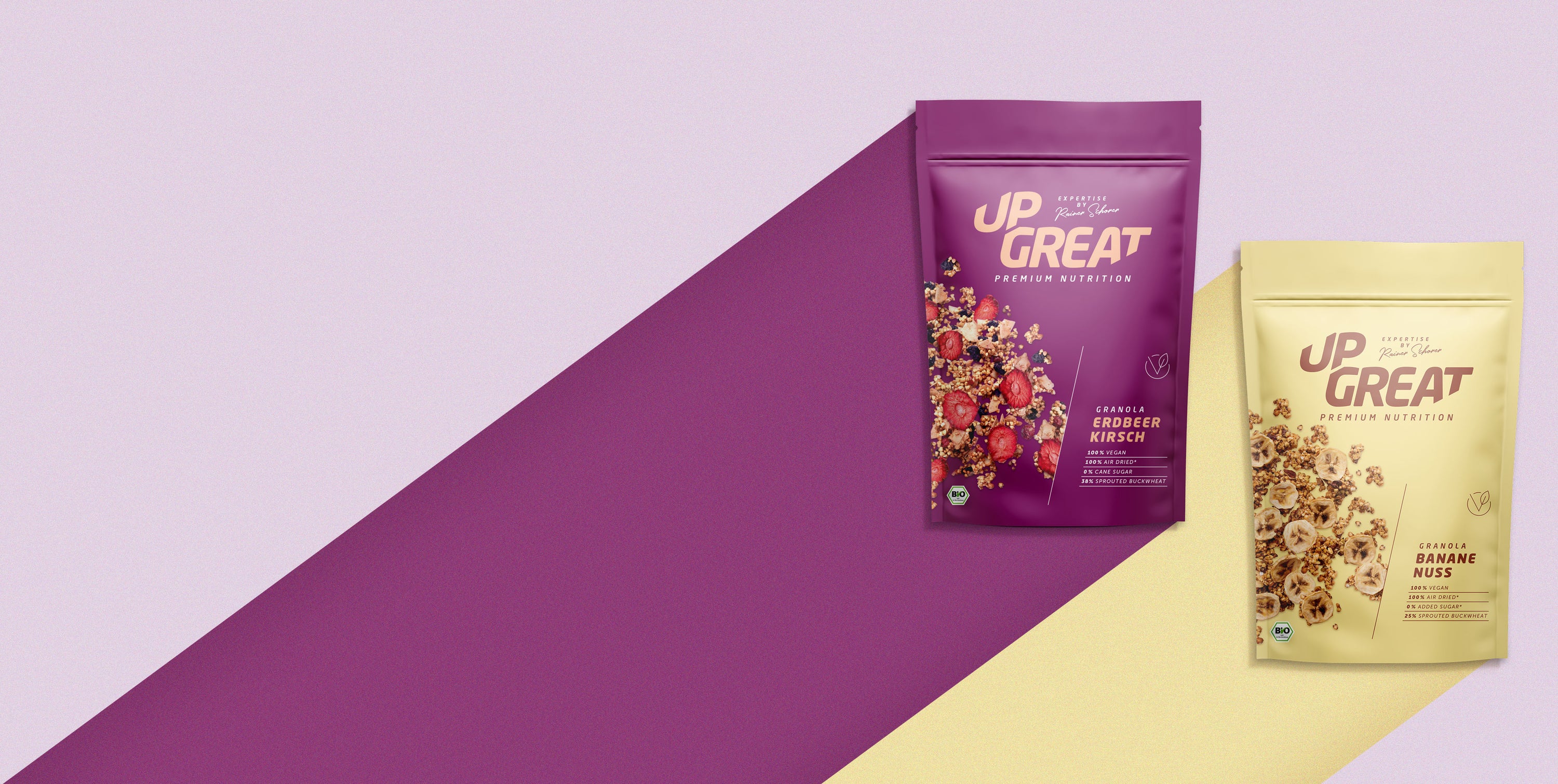 Veganes Upgreat Bio-Granola Müsli in den Sorten Erdbeer-Kirsch und Banane-Nuss mit gekeimten Buchweizen.