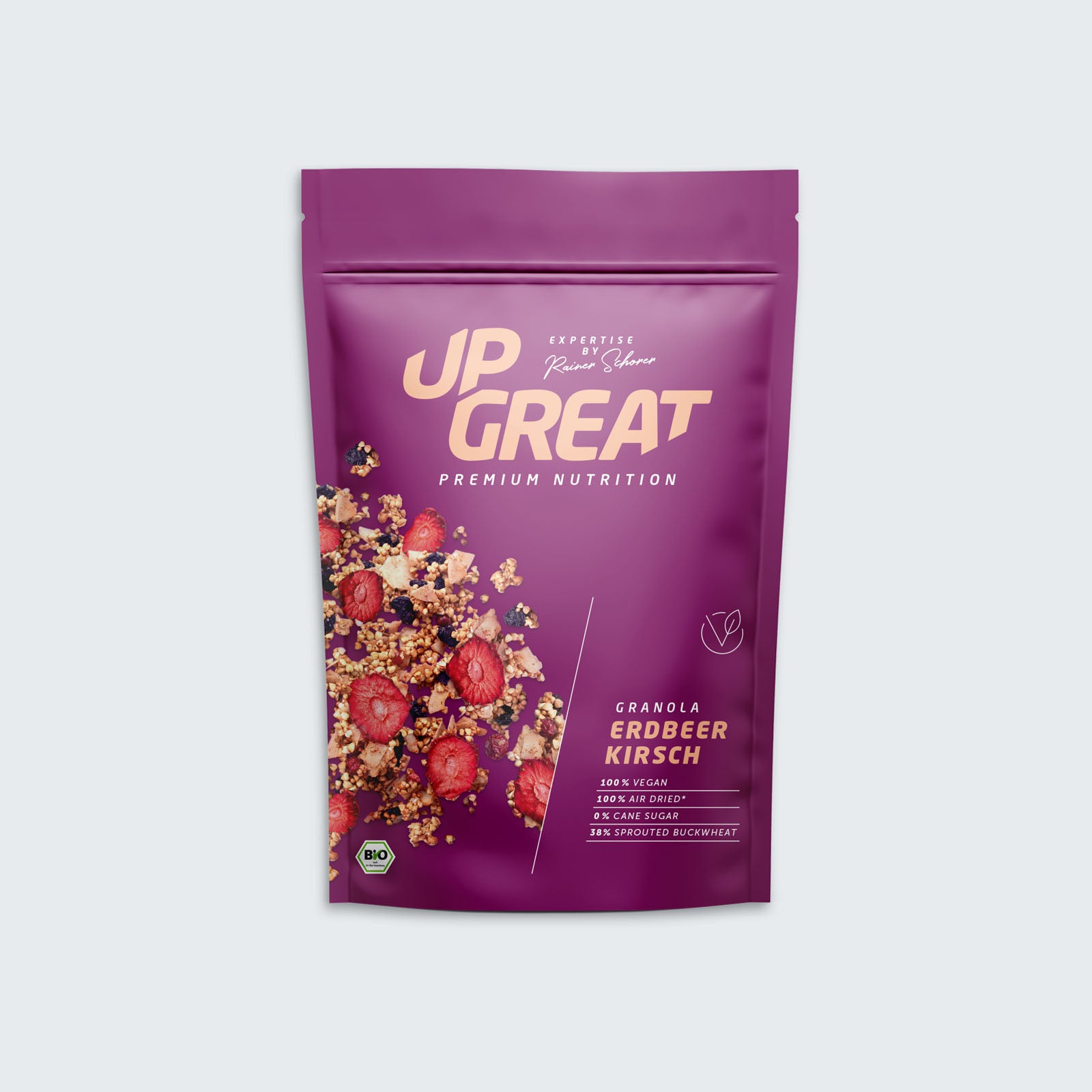 Upgreat glutenfreies Bio-Erdbeer-Kirsch Granola mit gekeimten Buchweizen