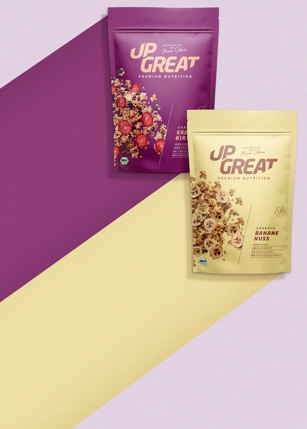 Upgreat veganes Bio-Granola in den Sorten Erdbeer-Kirsch und Banane Nuss mit gekeimten Buchweizen.