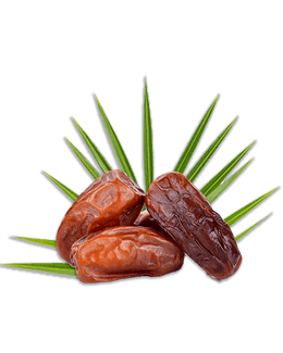 drei Datteln mit grünem Blatt