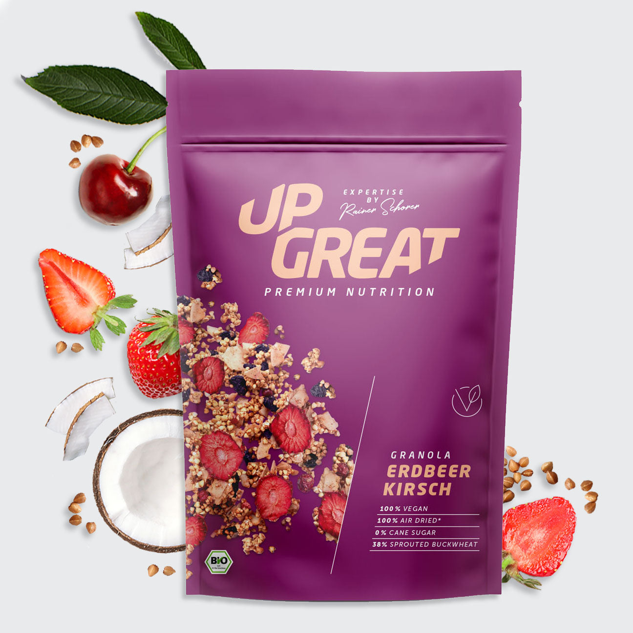 Upgreat Bio-Erdbeer-Kirsch Granola mit gekeimten Buchweizen bei 40° luftgetrocknet.