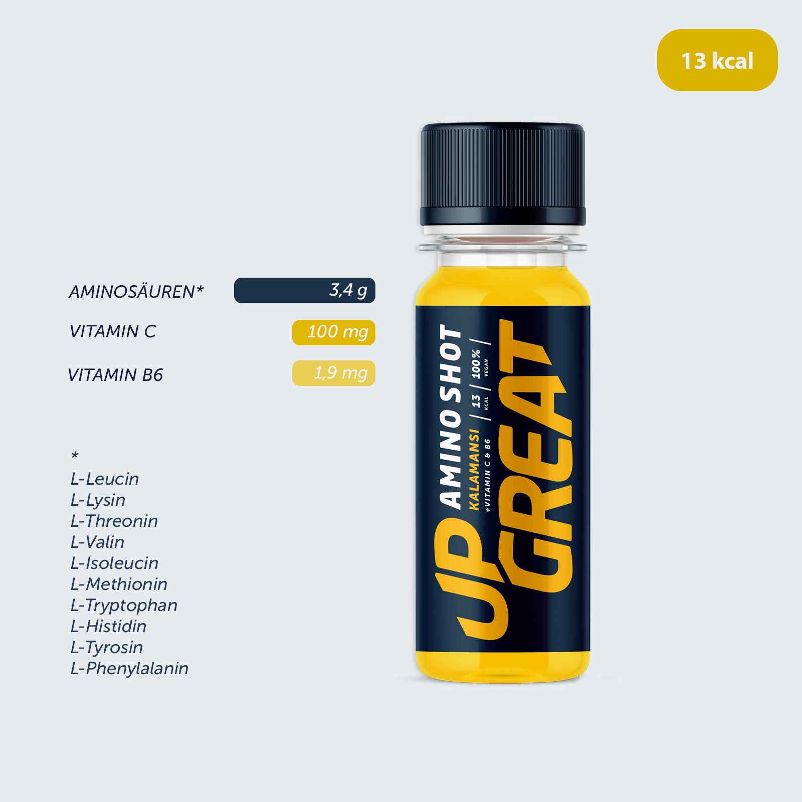 Nährstoffzusammensetzung des Upgreat-Aminoshots mit 3,4g Aminosäuren, Vitamin C und Vitamin B.