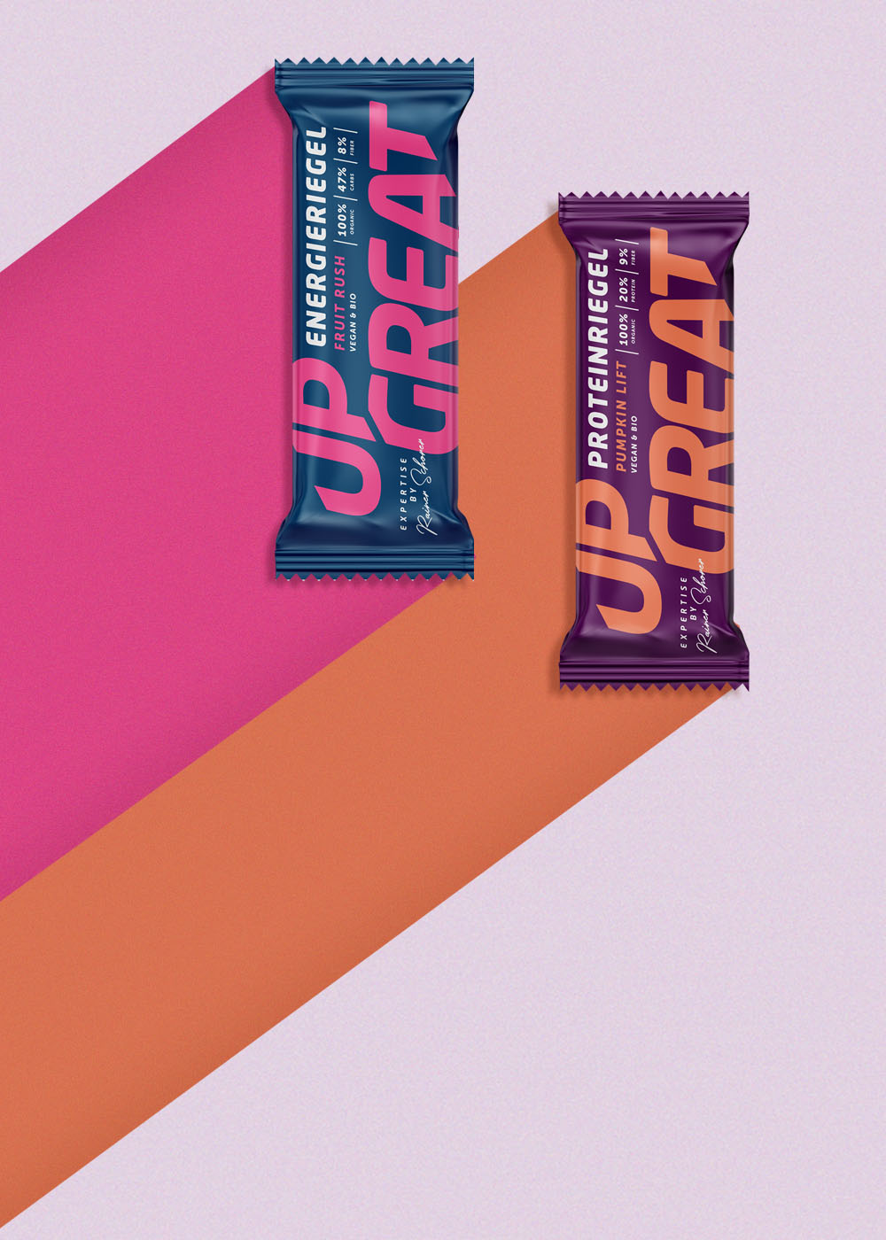 Upgreat Riegelsorten in den Ausführungen Bio-Energieriegel und Bio-High Proteinriegel ohne Zuckerzusatz