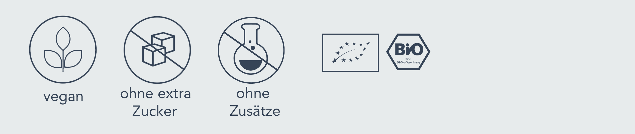 icons; vegan, ohne extra Zucker, ohne Zusätze und biozertifitziert